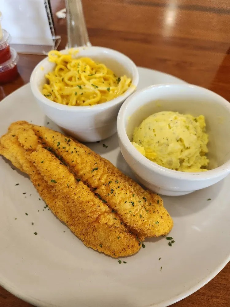 Catfish Fillet Macaroni and Cheese with Potato Salad