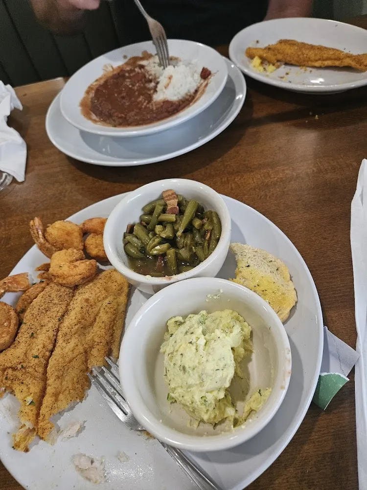 Catfish Potatoe Salad Green Beans Red Beans and Rice